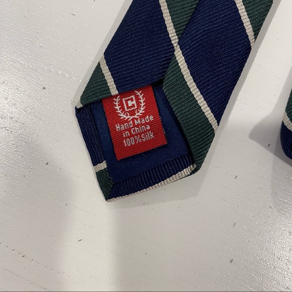 100% Silk Tie Navy Blue Green White Stripes Chaps - Picture 3 of 4